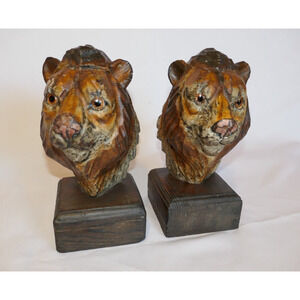 Wood Lion Head with Glass Eyes Statue Bust Bookends Handcarved Pair
